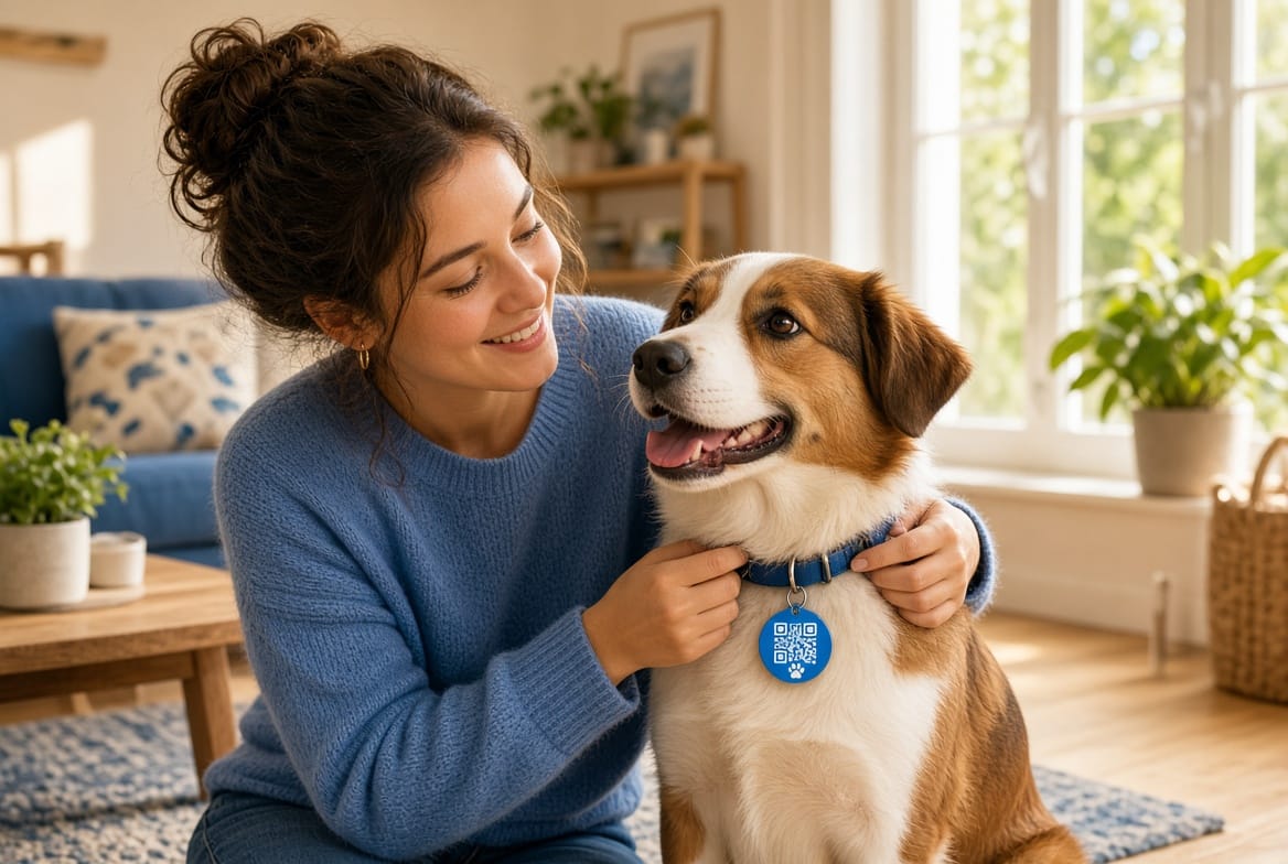 Una chica sonriente le acomoda a su perro el collar con la placa QR de PetGuard