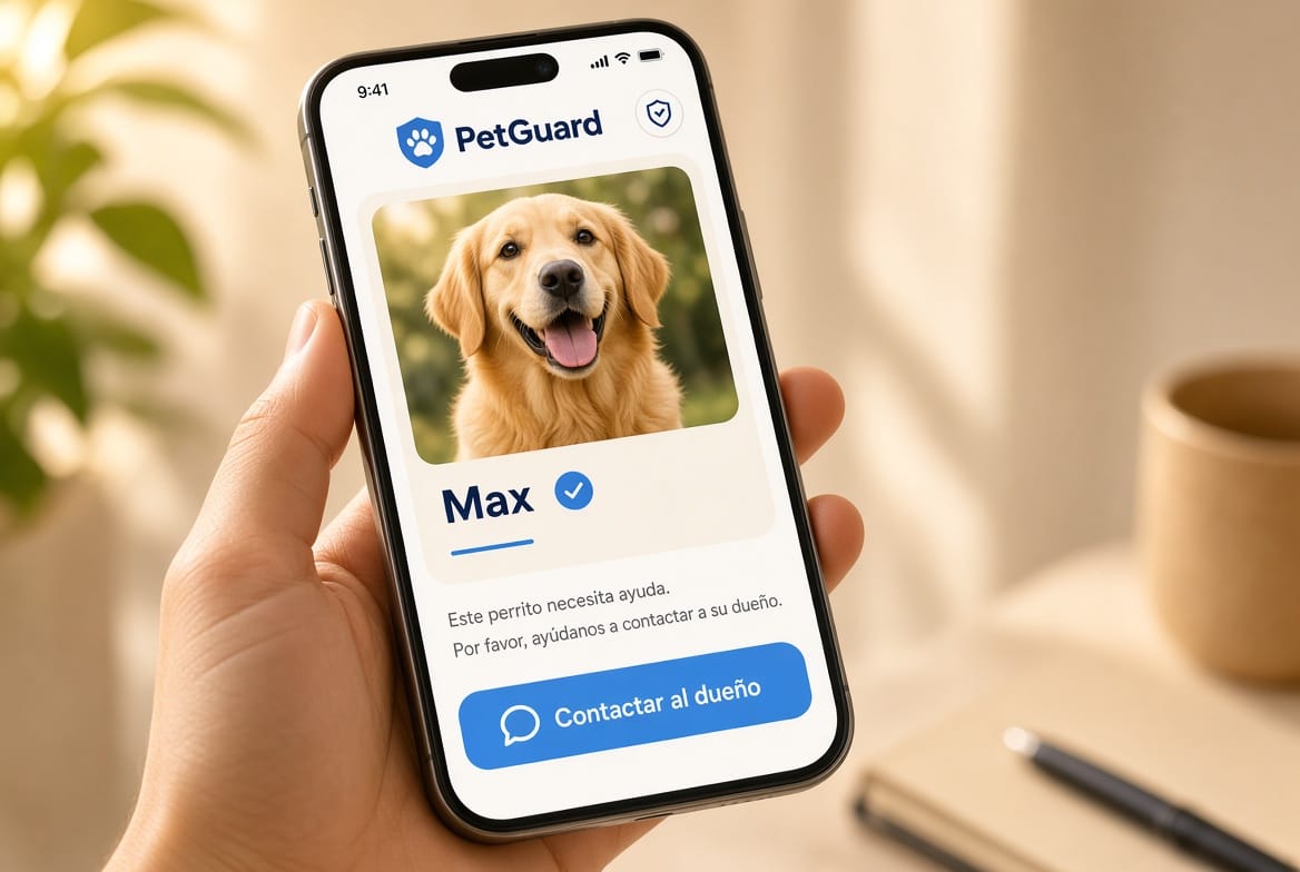 Celular mostrando el perfil público de un perro con el botón Contactar al dueño