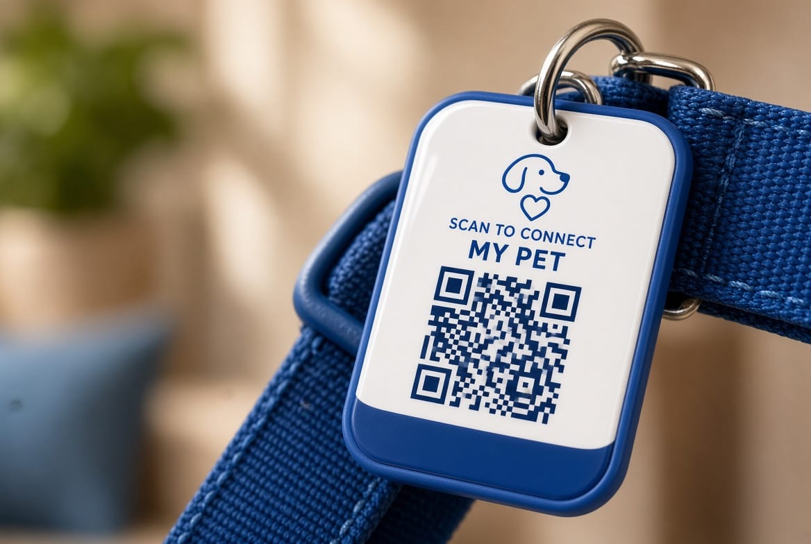 Placa con código QR colgada de un collar azul
